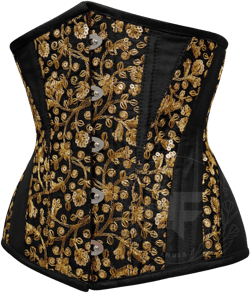 Underbust Floral Gold Embroidered Steel Boned Corset in Black Taffeta | Vintage Style Waist Trainer for Women | Plus Size Bridal Corset