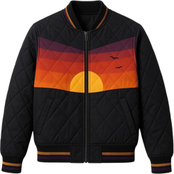 Setting Sun Jacket | Navy Blue Quilted 70s Style Bomber | Vintage Inspired Sunset Bomber Jacket | Retro Quilted Rising Sun Jacket