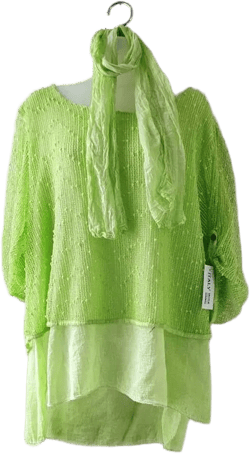 2-Piece Lime Green Layered Tunic Top with Matching Scarf | Lightweight Crinkle Cotton Blouse | Boho Summer Outfit for Women UK 10 -14
