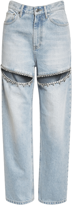 Area Crystal Slit Cotton Denim Straight Leg Jeans