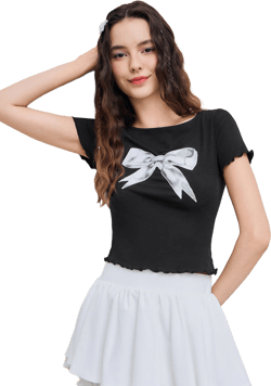 Boat Neck Bowknot Short Sleeve Crop Tee