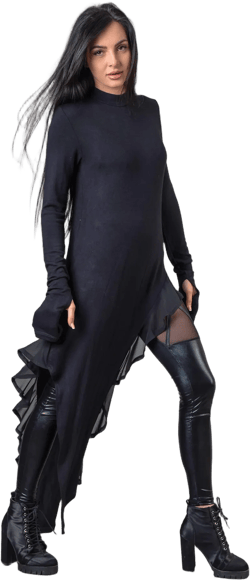 NEW Long Black Asymmetric Maxi Turtleneck Tunic,Extravagant Casual Black Knitted Tunic with Thumb Hole Sleeve and chiffon ,Avant Garde Tunic