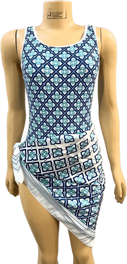 Mint green and navy blue with white trim print one piece swimsuit with matching scarf/coverup .