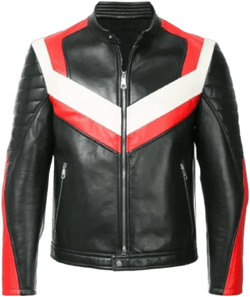 Men&#39;s Red and White Design on Black Leather Biker Jacket