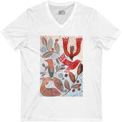 Unisex Short Sleeve V-Neck Tee, Rufous Birds of Peace  - Botanical Print on White T-shirt – 100% cotton - Sizes S-2XL