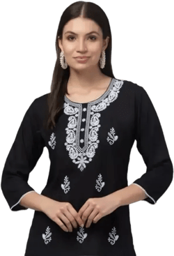 Black Embroidered Rayon Short Kurti for Women | 3/4 Sleeve Ethnic Tunic Top | Office College Casual Kurta | Made in India