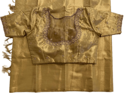 Golden  Mix Silk Saree with Stitched Maggam Aari work blouse|Kanjivaram Pattu style saree|Saree with readymade blouse|Fall,PicoOverlock done