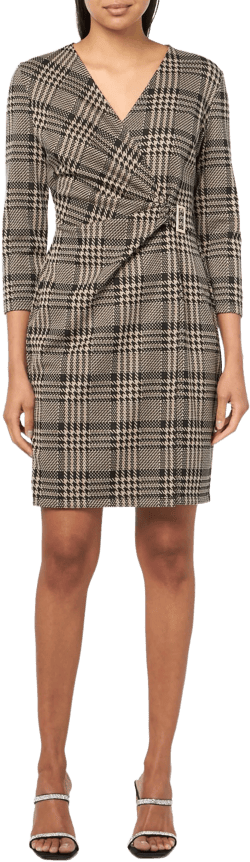 Anne Klein Women's Natural 3/4 Sleeve Houndstooth Printed Jersey Wrap Dress