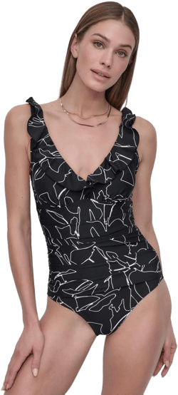 DKNY Women's Black Ruffle Plunge Underwire Tummy Control One-piece Swimsuit