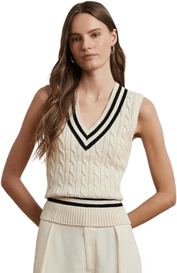 Ralph Lauren Women's Black Cable-Knit Cotton Cricket Sweater Vest Sweater Mascarpone Cream