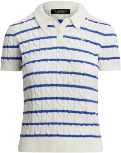 Ralph Lauren Women's Blue Striped Cable Knit Cotton Polo Sweater