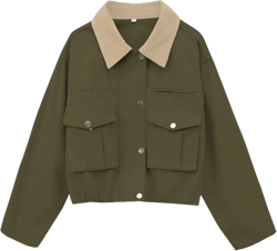 Womens Cropped Jacket Contrast Collar Utility Coat Cargo Jacket Barn Jacket Outwear with Pockets