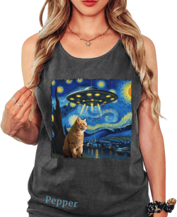 Cute Cat UFO Starry Night Comfort Colors Tank Top, Ginger Cat Clothes, Artsy Paranormal Shirt, Cute Animal Tanktop, GingerCat Shirt, UFO CAT