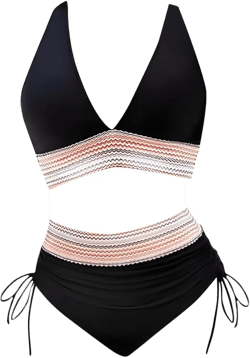 Womens High Waisted Color Block Bikini Sets, Summer Sexy V Neck 2 Piece Bathing Suits Drawstring Swimsuits Black 3X-Large