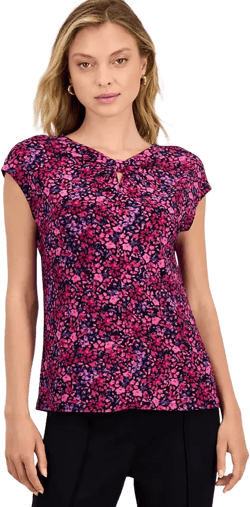 Women's Ditsy Floral-Print Keyhole-Cutout Top, Regular & Petite