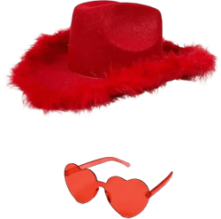 Cowgirl Hat with Feathers & Heart Sunglasses - Felt, Women's Costume
