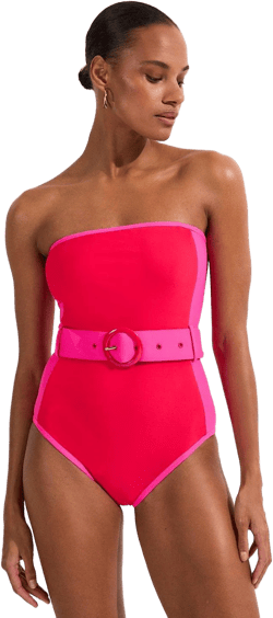 Contrast Panelled Bandeau Swimsuit With Belt | Karen Millen - Red - L