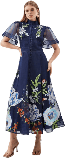Botanical Embroidery Organdie Angel Sleeve Midi Dress | Karen Millen - Nude - 10