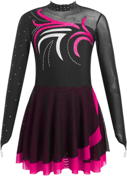 Kids Girls Print Mesh Patchwork Glitter Rhinestone Figure Skating Dance Dress Ballet Leotard Hot Pink 10 Years