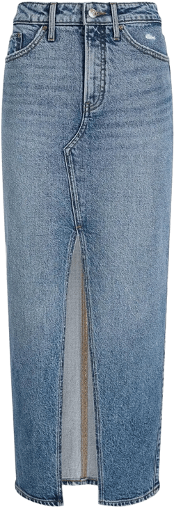 EXPRESS Women’s Maxi Denim Skirt – High Waisted Stretch Jean Skirt with Front Slit – Medium Wash Medium Denim 4