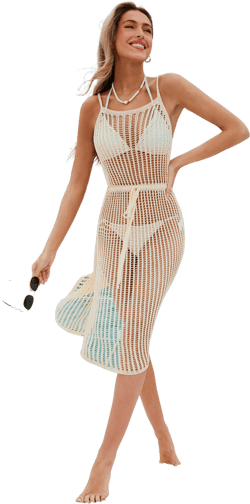 Beige Drawstring Crochet Cover-up Midi Dress - S