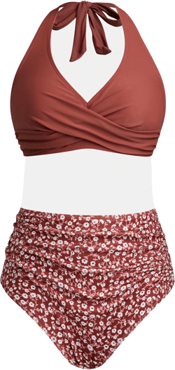 Brown Twist Bikini Top & Ditsy High-Waisted Bottoms Set - XL