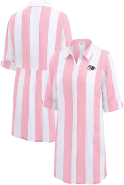 Women's Pink/White Kansas City Chiefs Rugby Beach Stripe Button-Up Tunic