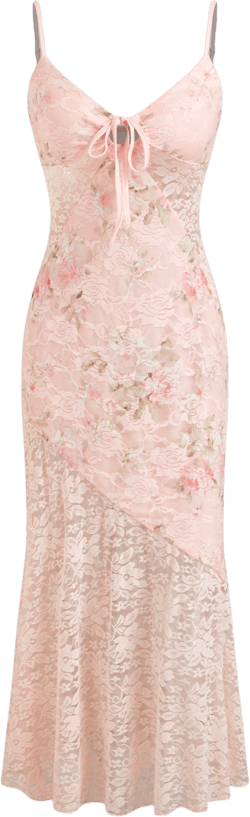 Lace Sweetheart Floral Knotted Asymmetrical Patchy Cami Maxi Dress