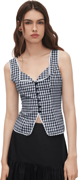 Linen-blend V-neck Gingham Contrasting Binding Blazer Vest