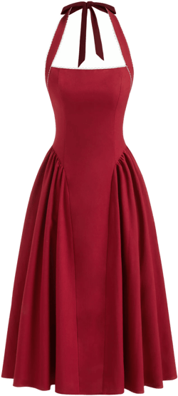 Linen-blend Halter Neckline Knotted Ruffle Midi Dress