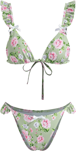 Floral Ruffle Hem Bowknot Bikini Set
