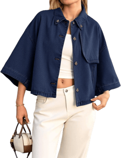 Tankaneo Womens Cropped Denim Jackets Casual Button Down Jean Shirt Shacket Loose 3/4 Sleeve Coat with Pockets Navy Small