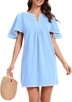 HOULENGS Women's Summer Ruffle Short Sleeve A Line Mini Dress Casual Contrast Trim V Neck Short Dress with Pockets