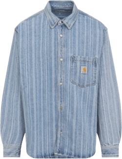 Striped Cotton Shirt Jacket With Chest Pocket In Blue