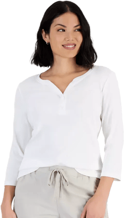 Petite Cotton Knit Henley 3/4-Sleeve Top, Created for Macy's
