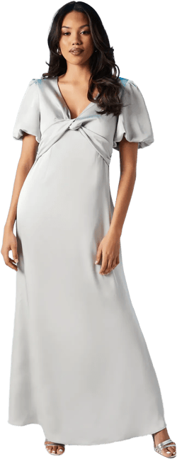 Twist Detail Puff Sleeve Satin Bridesmaids Maxi Dress