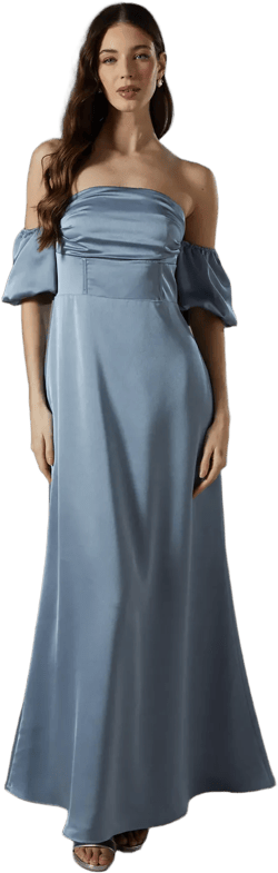 Puff Sleeve Bardot Satin Maxi Bridesmaids Dress