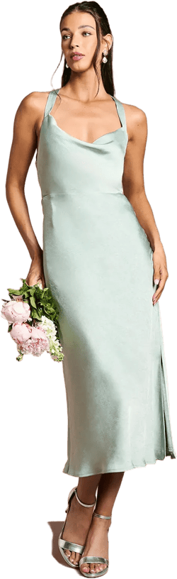 Cross Shoulder Tie Back Satin Bridesmaids Dress
