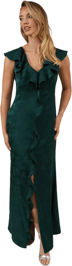 Satin Jacquard Ruffle V Neck Bridesmaids Dress