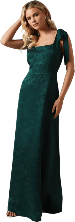 Petite Square Neck Chiffon Tie Shoulder Satin Jacquard Bridesmaids Maxi Dress