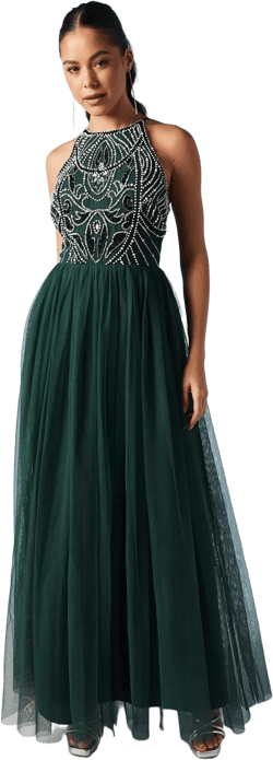Pearl and Bead Embellished Halterneck Tulle Bridesmaids Dress