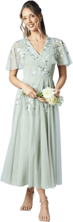 Spring Floral Embroidered Mesh Bridesmaids Midi Dress