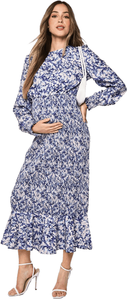 Maternity Floral Shirred Frill Hem Midi Dress