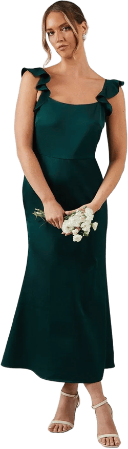 Ruffle Square Neck Satin Bridesmaids Midi Dress