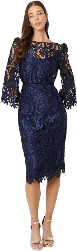 Satin Lace Boat Neck Midi Dress With Fluted Sleeve
