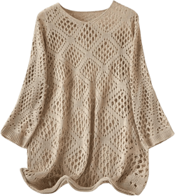 GORGLITTER Women's Knit Sweater Tops Crochet Long Sleeve Sheer Mesh V Neck Pullover Sweater Tops Fall 2025 Large Khaki