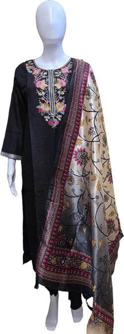 Luxurious Hand-Embroidered Black Salwar Kameez Set with Printed Dupatta