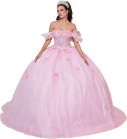 Quinceañera | Pink Elegant Off-the-Shoulder Ball Gown with Beaded Bodice and Full Tulle Skirt | Rosario dress
