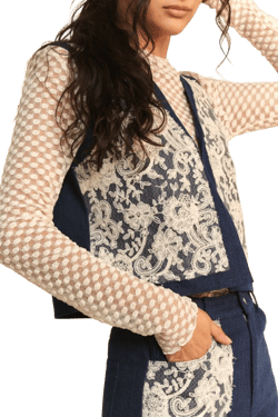 Davi & Dani Lace Patch Open Front Denim Vest