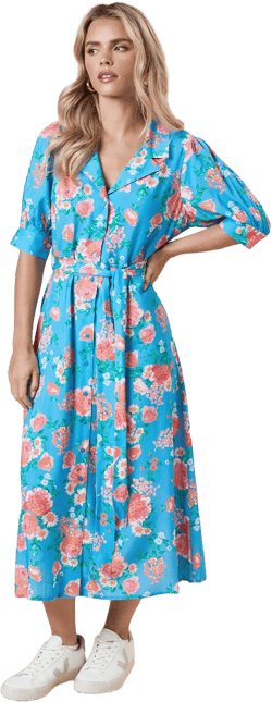 Petite Blue Floral Belted Puff Sleeve Shirt Dress